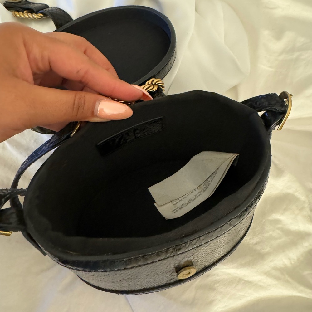 Black Snakeskin Bucket Bag with Gold Buckle Accent - Picture 7 of 11